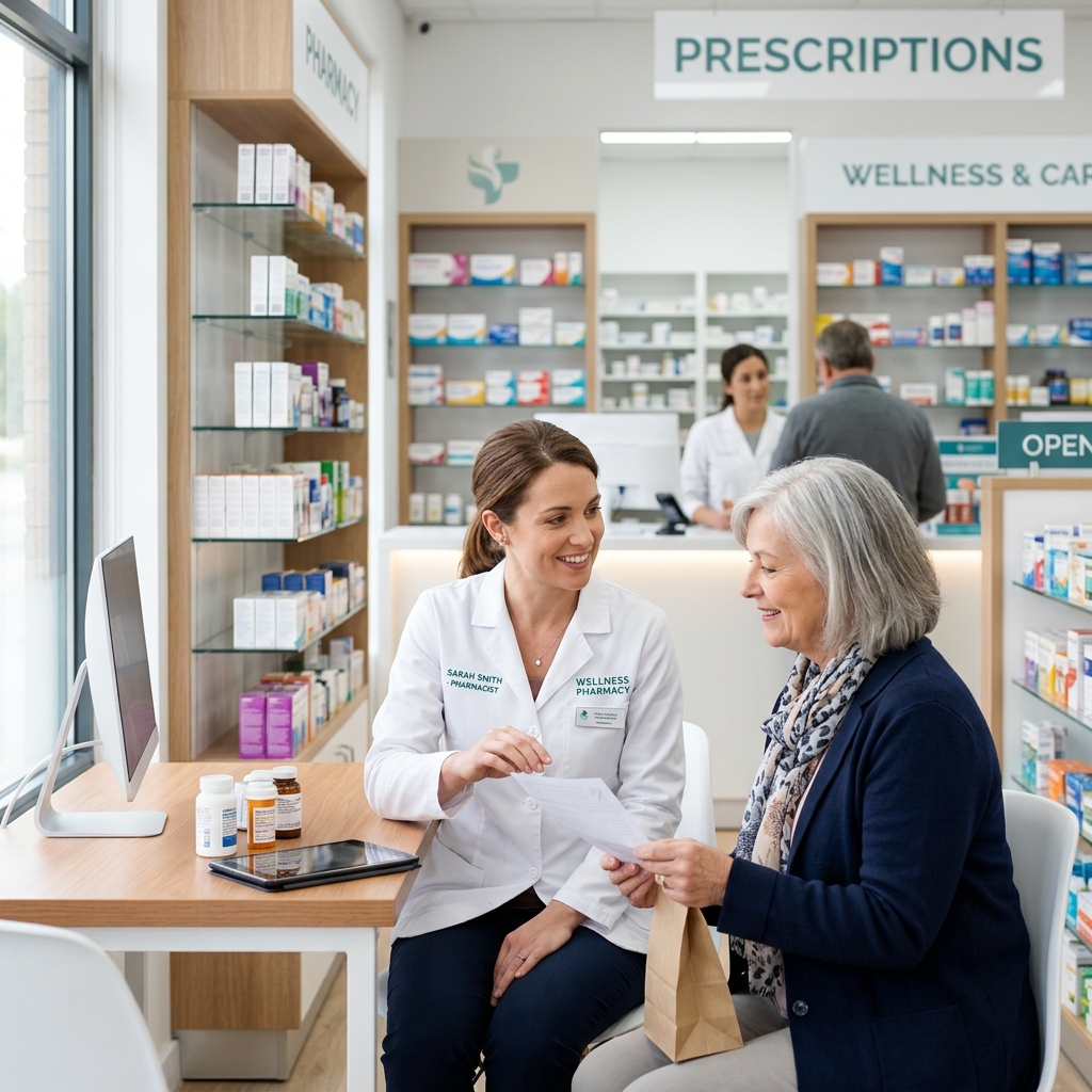 Friendly pharmacist assisting a customer in a modern community pharmacy